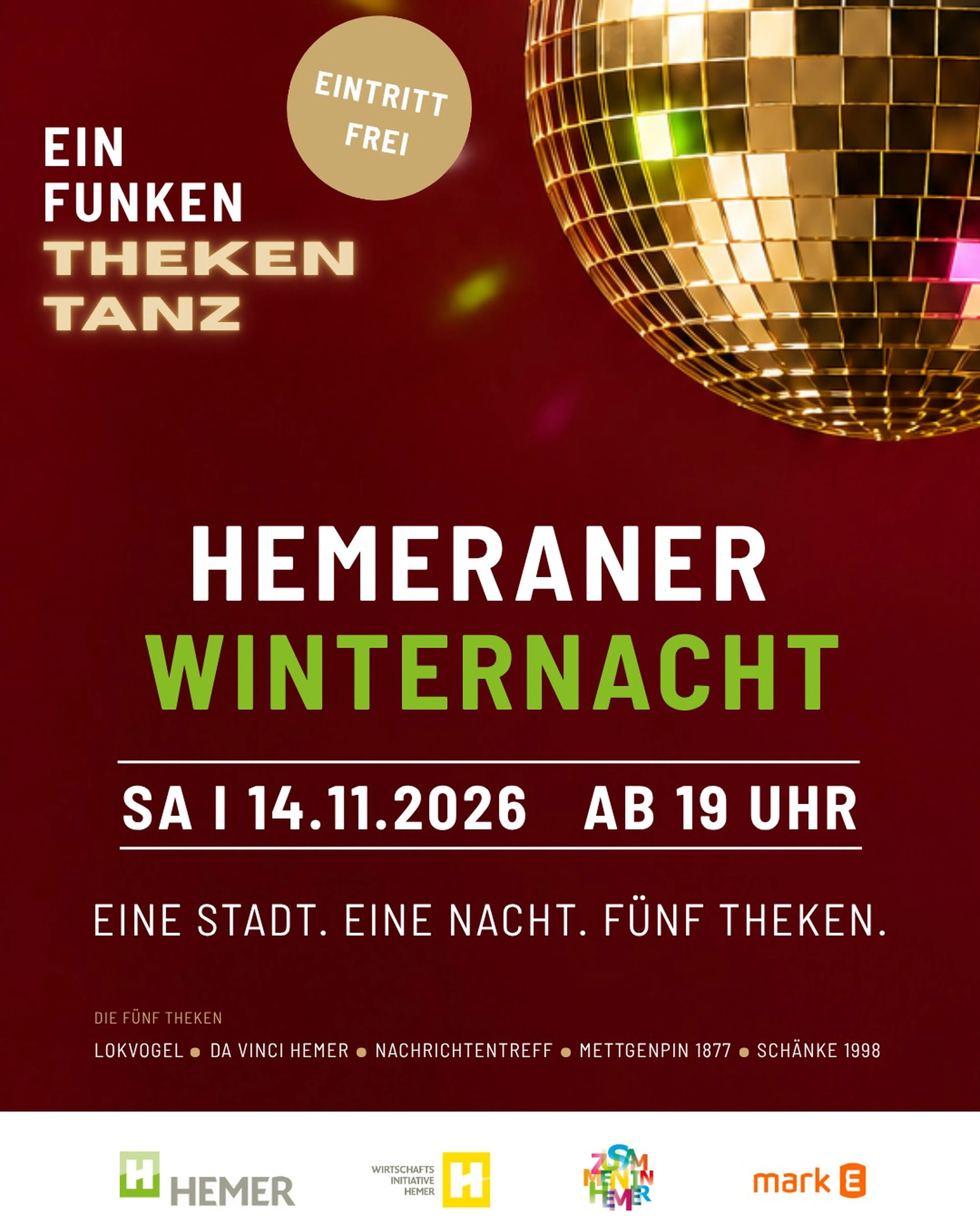 Ansicht vom Plakat der Hemeraner Winternacht am 14.11.2026 ab 19 Uhr. Ein Vent, dass Mark E untersützt