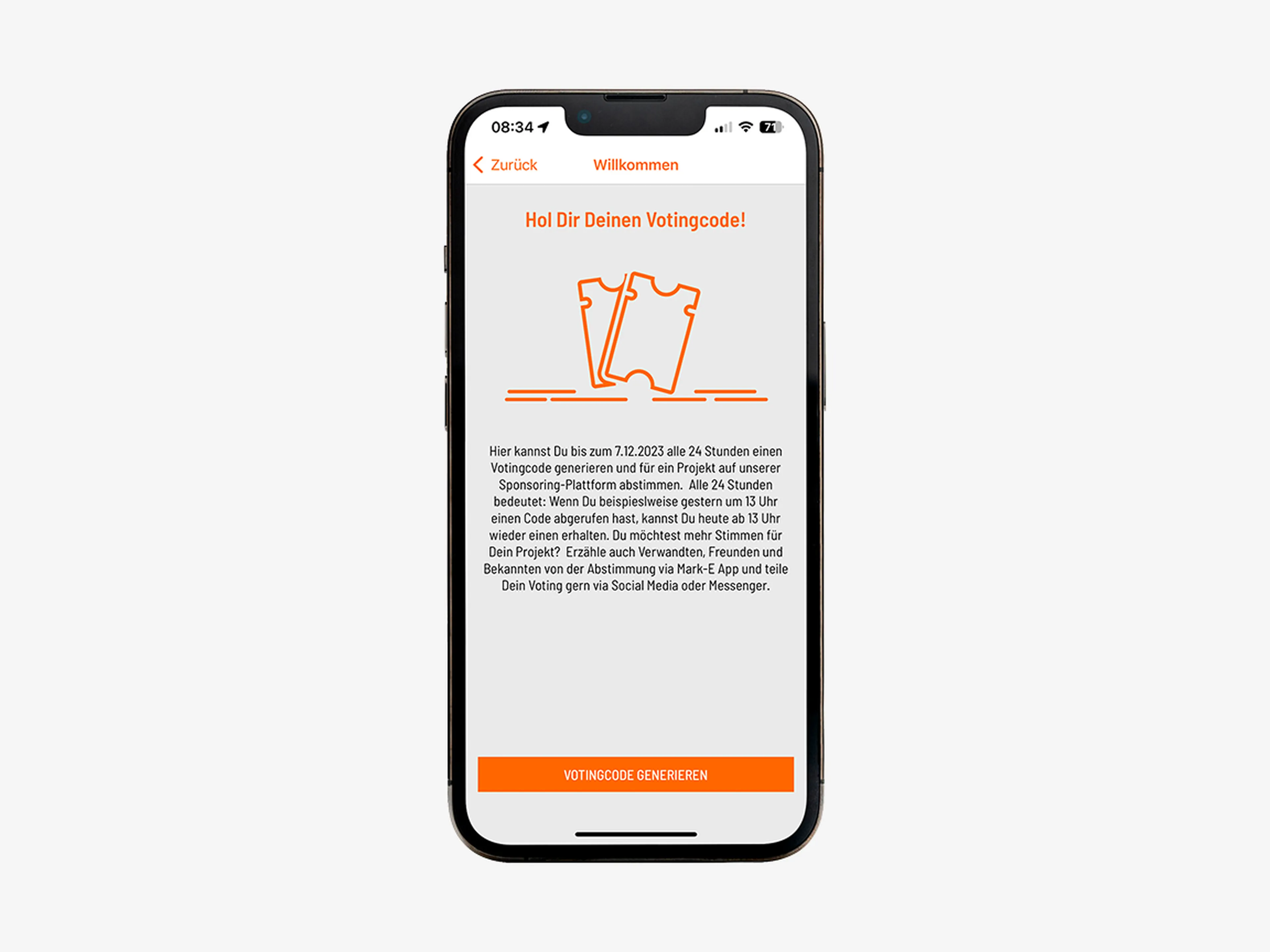 Der Votingcode kann generiert werden. Zu lesen sind die Bedingungen und der Button um den Code zu generiern.