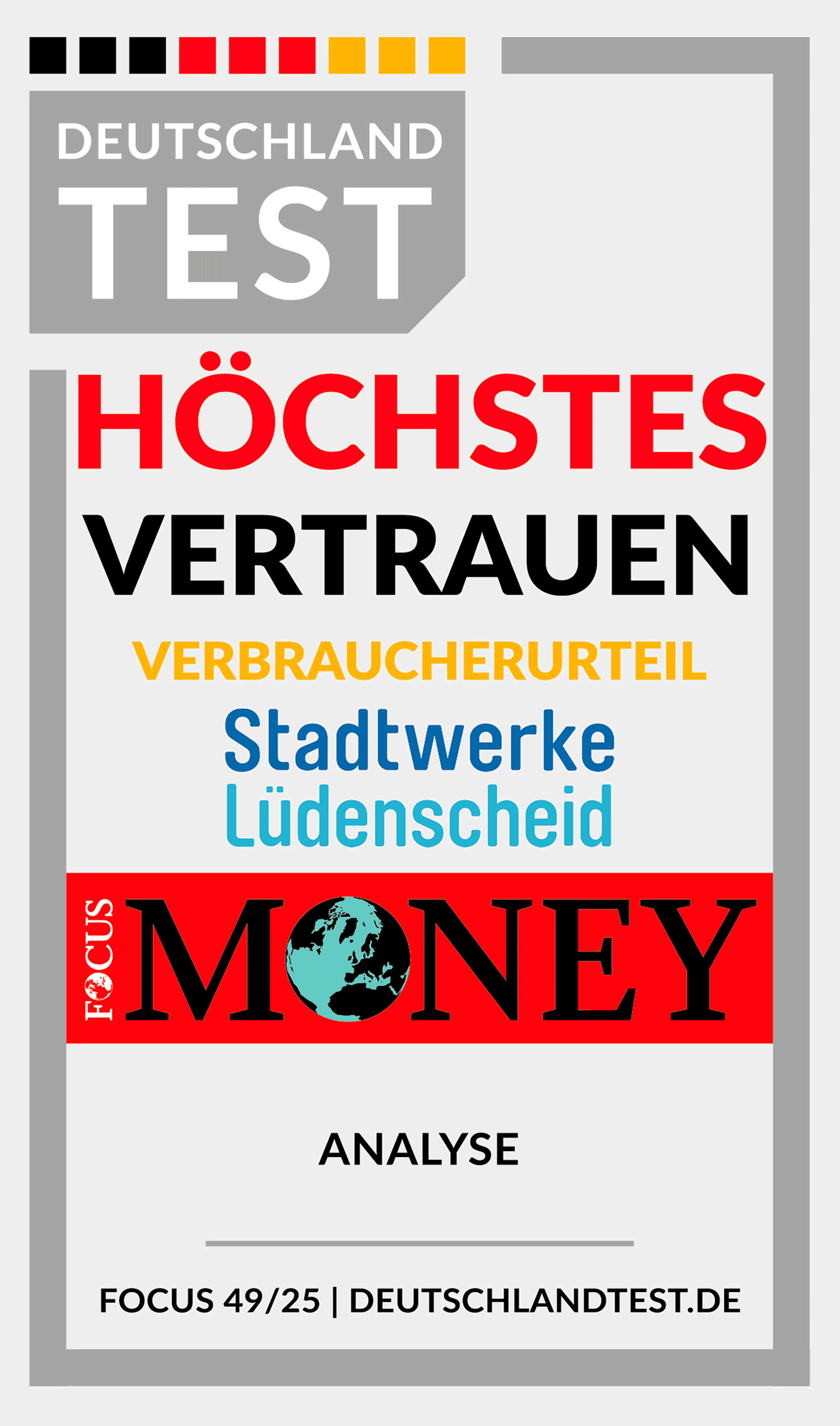 Deutschlandtest von Focus Money bescheinigt denm Stadtwerken Lüdenscheid, dass Verbraucher "Höchstes Vertrauen" haben