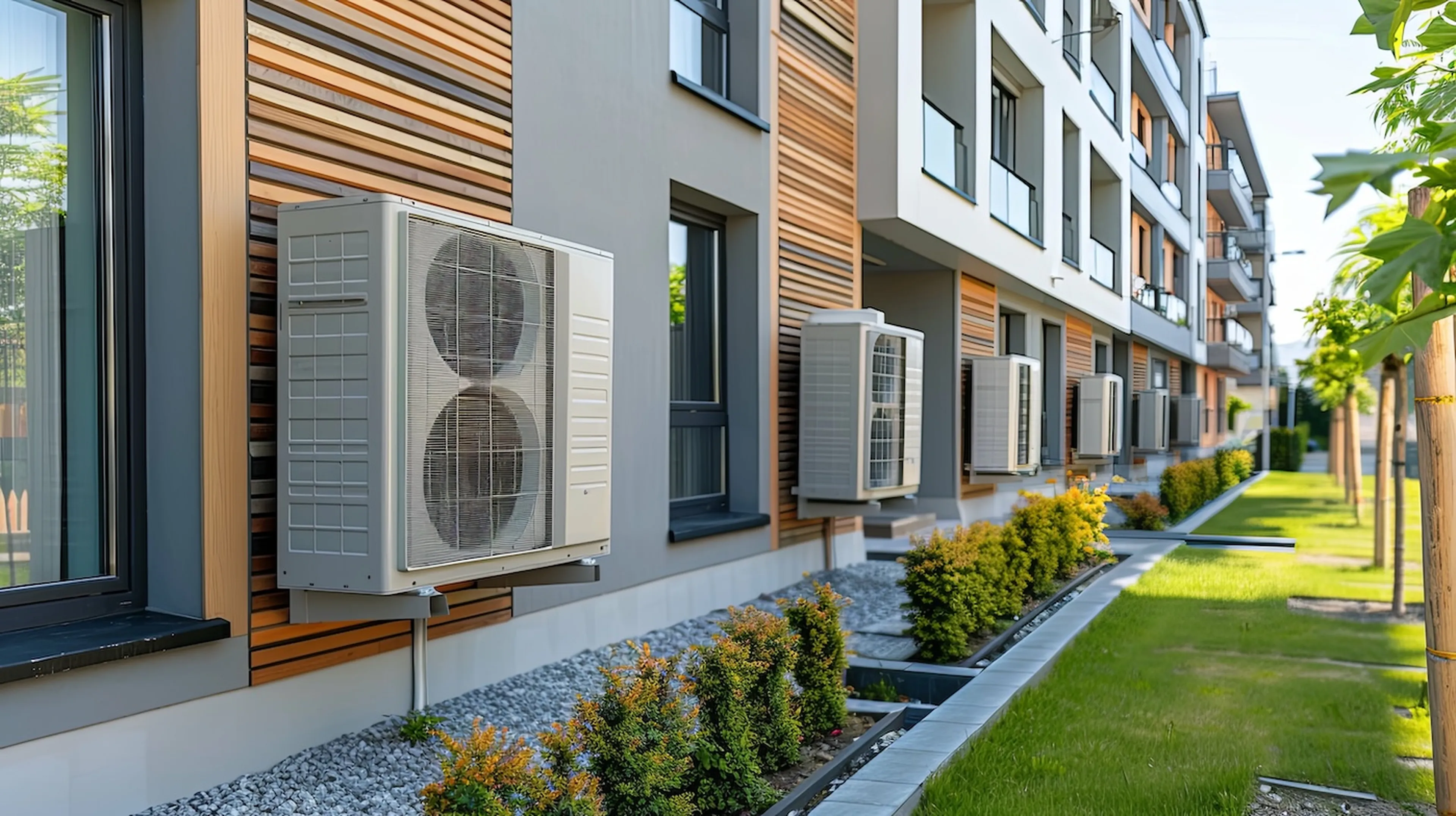 Wohnungsanlage mit balkonen und ventilatoren an der Außenfassade. Links ist ein Garten mit Bäumen.