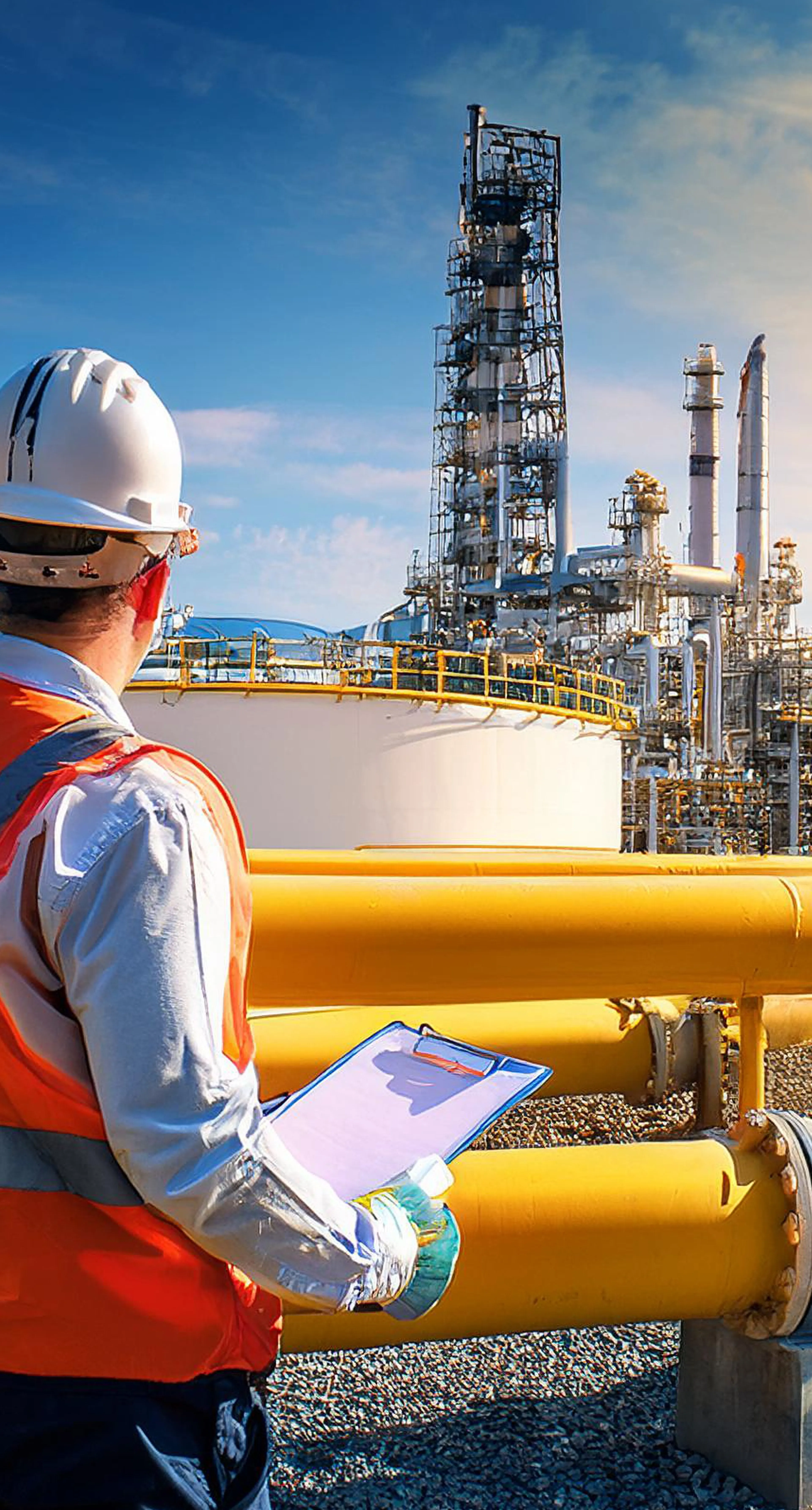 Ein Arbeiter mit Helm und Warnweste steht mit einem Klemmbrett vor einer großen Gas- oder Industrieanlage mit gelben Rohrleitungen und Türmen im Sonnenlicht.