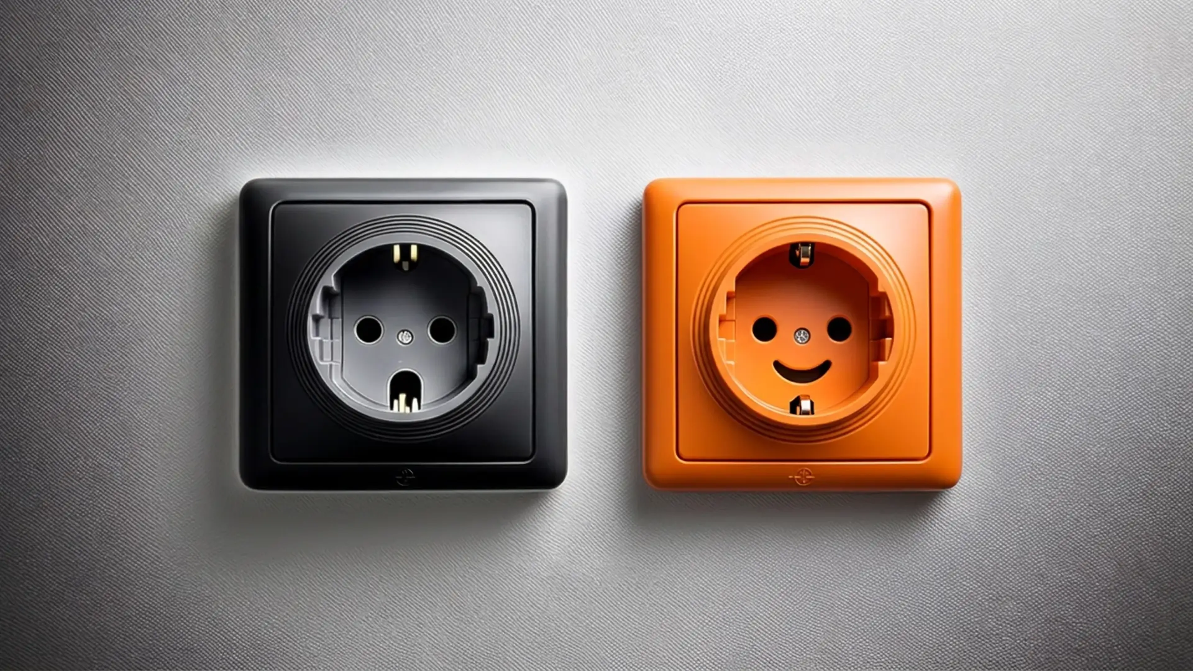 Zwei Steckdosen, eine schwarze und eine orangefarbene, auf einer flachen Oberfläche. Die orangefarbene Steckdose ähnelt einem lächelnden Gesicht.