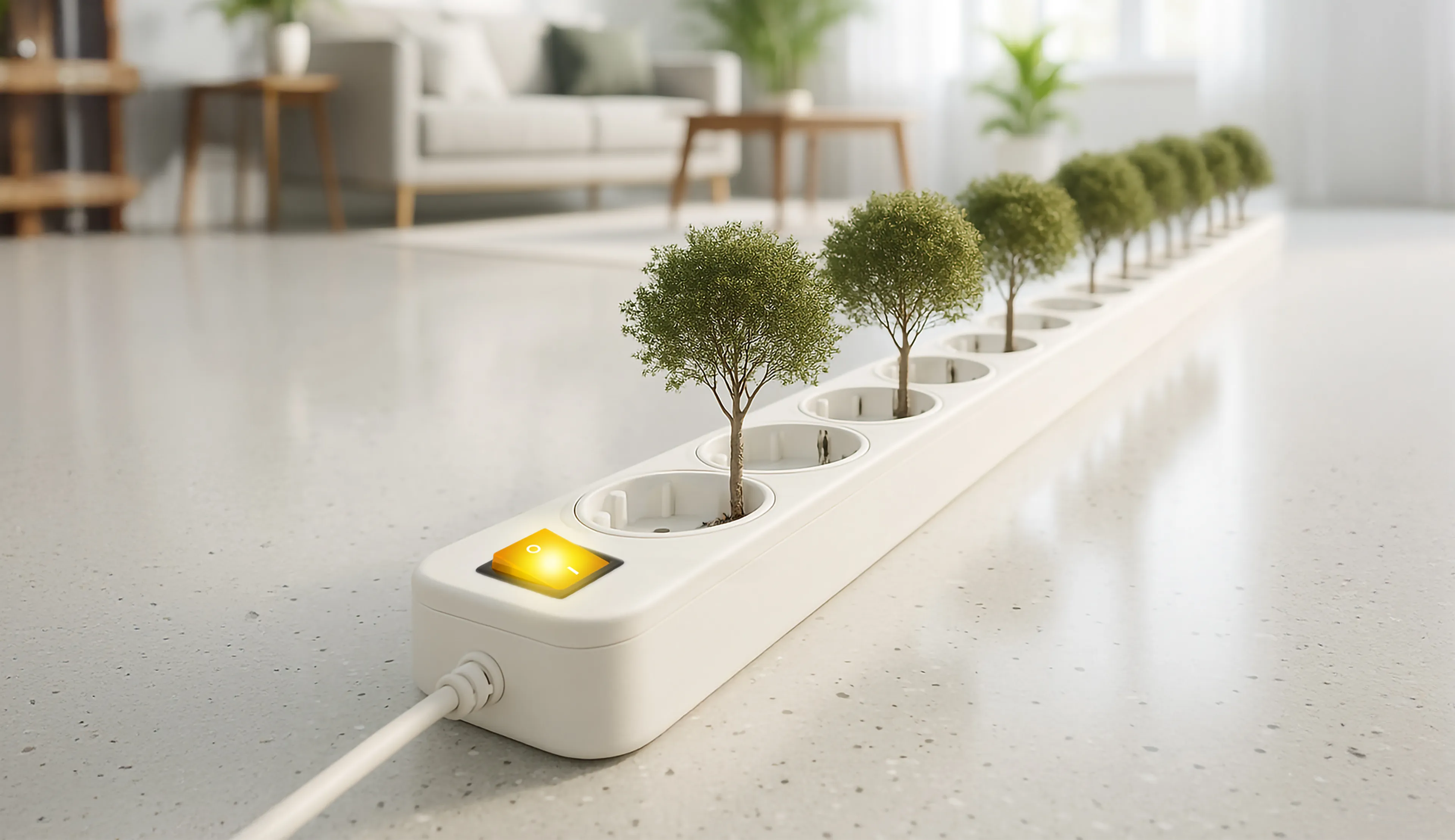 Symbol für Ökostrom, der Bäume wachsen lässt: Eine Steckerleiste, aus deren Steckvorrichtungen Bäume Wachsen