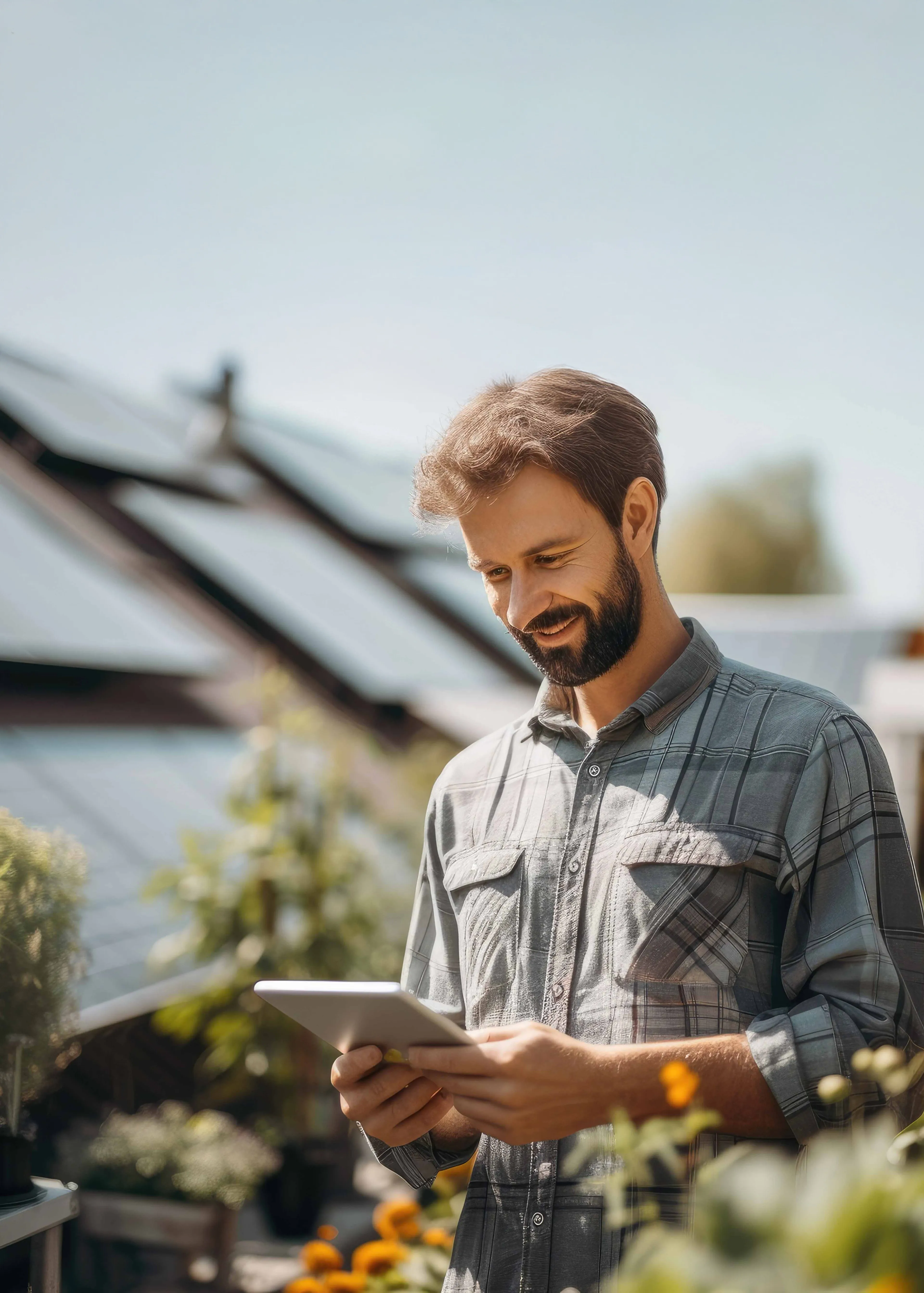 Mann schaut erfreut auf sein Tablet, während er die Stromtarife anschaut