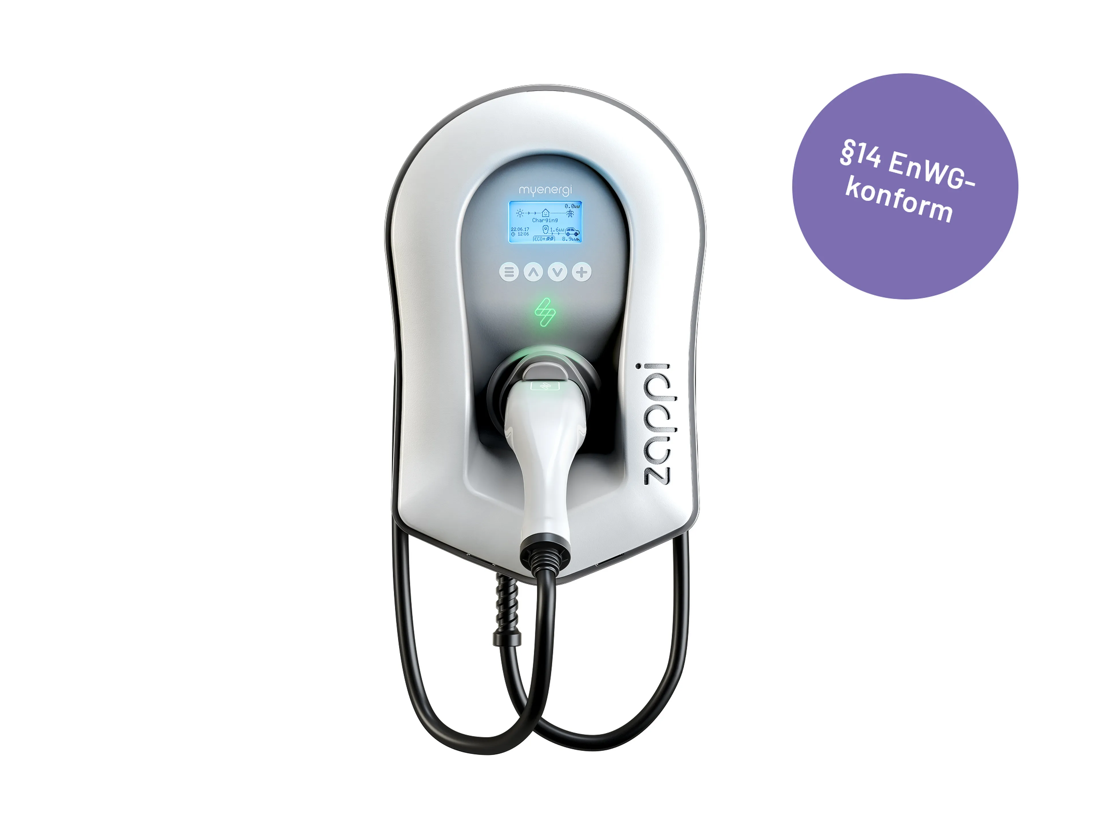 Zappi tethered front white Wallbox