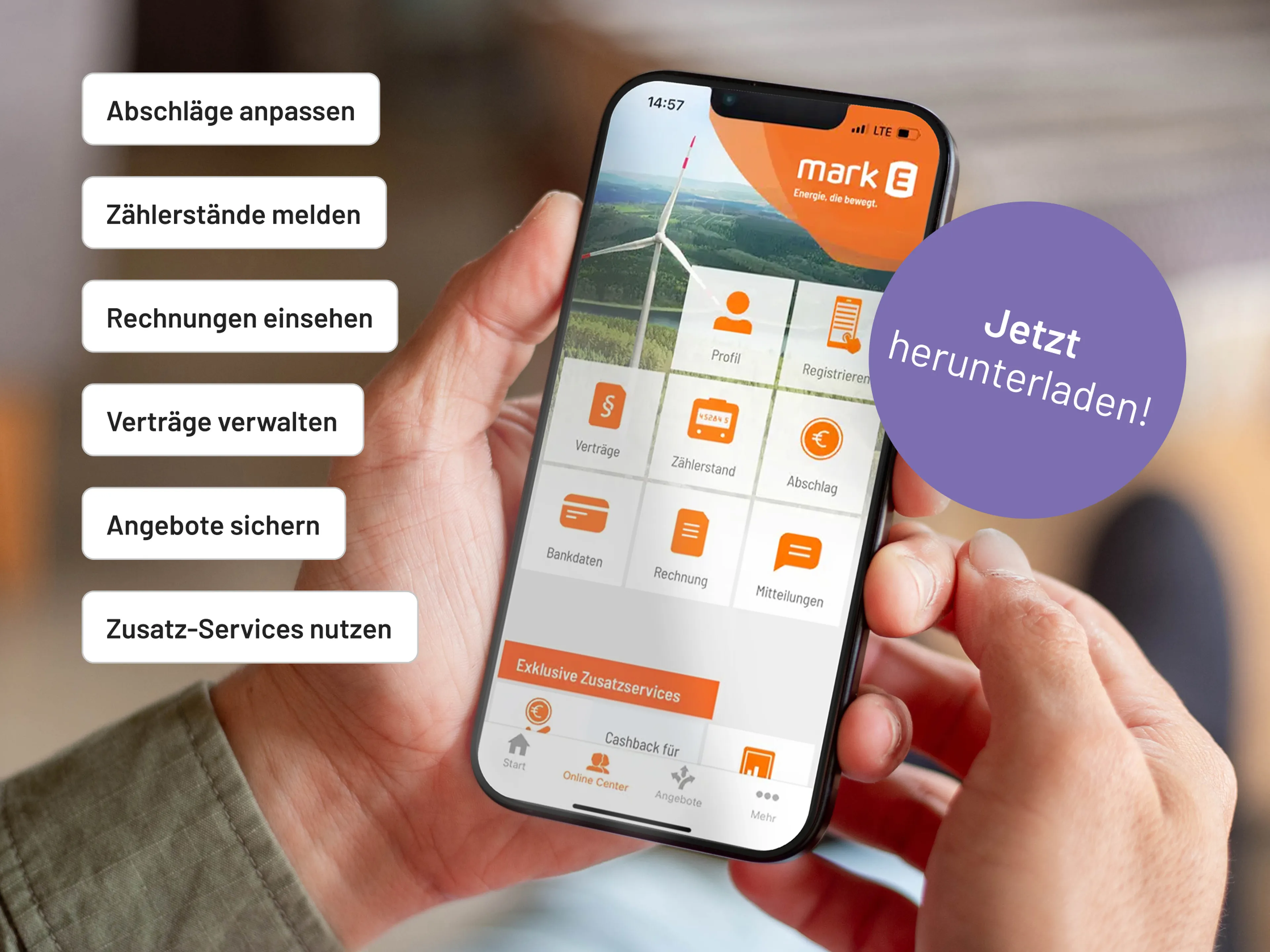 Eine Person hält ein Smartphone in der Hand, das eine Benutzeroberfläche einer Versorgungs-App mit Optionen wie Rechnungen und Verträgen anzeigt. In der Textblase steht „Jetzt herunterladen!“.