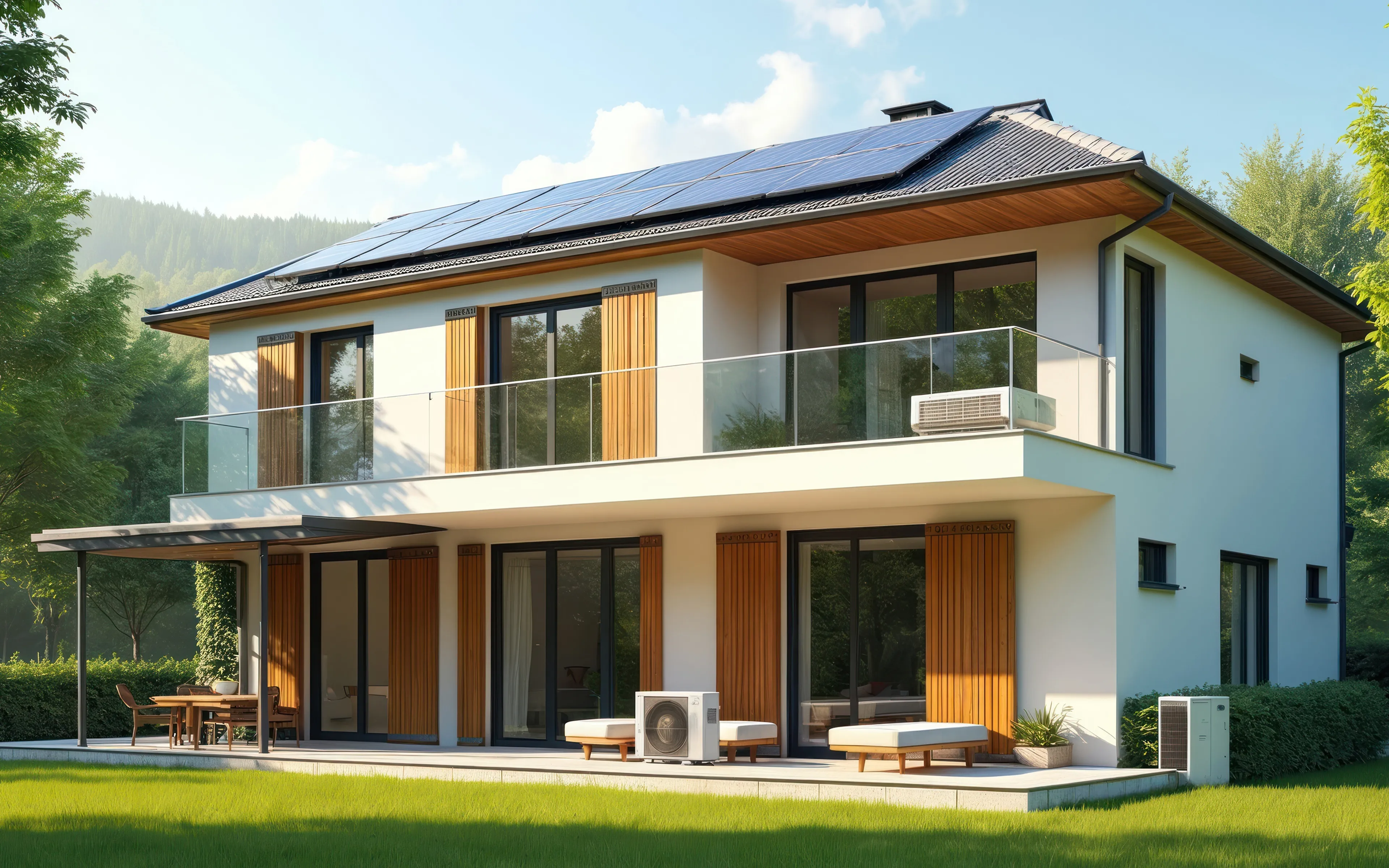 Haus im grünen mit Solaranlage auf dem Dach.