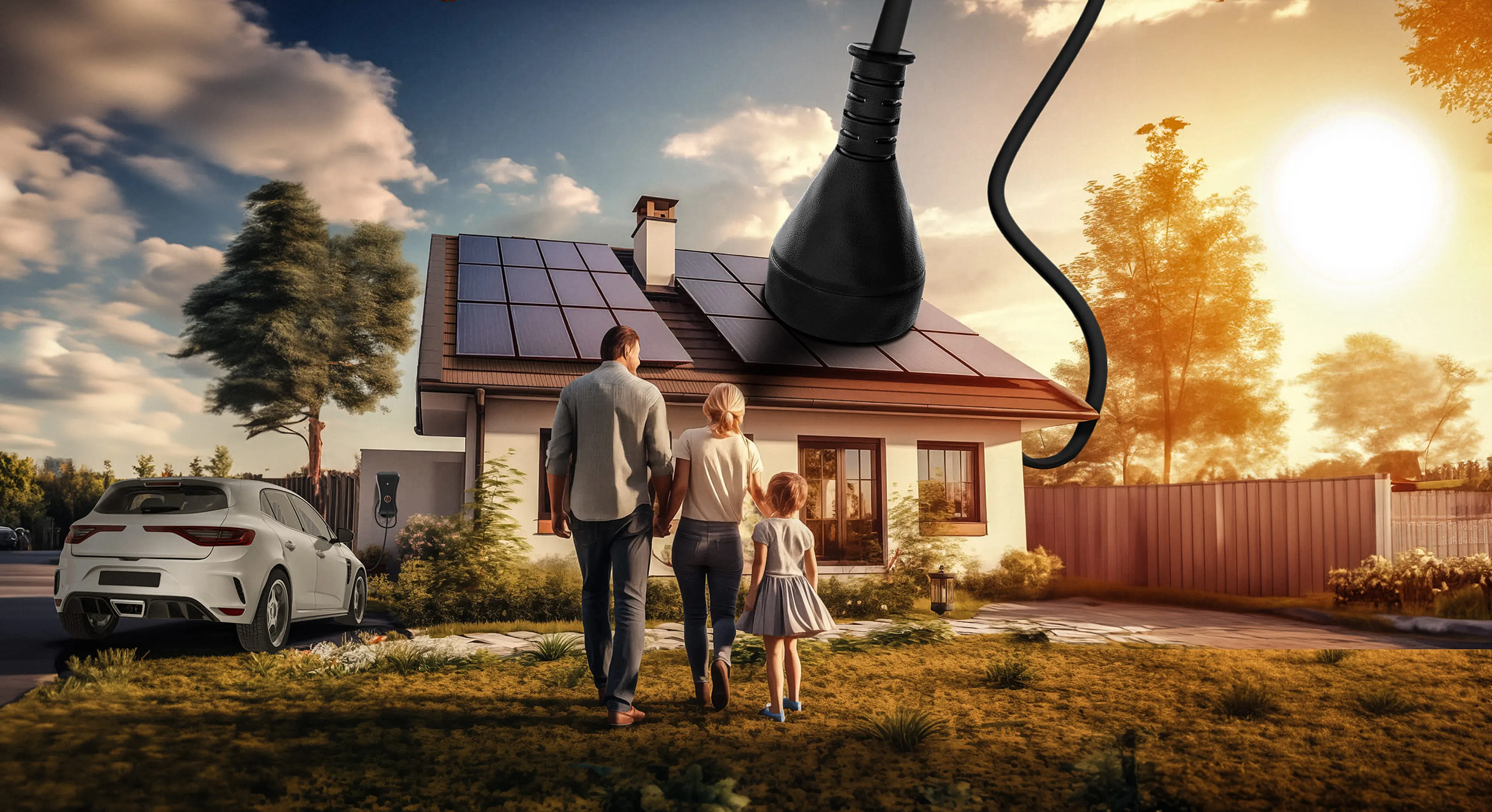 Eine Familie geht auf ein Haus mit Sonnenkollektoren zu, über dem ein großer Stecker als Symbol für erneuerbare Energie angebracht ist. Ein Auto ist in der Nähe unter einem sonnigen Himmel geparkt.