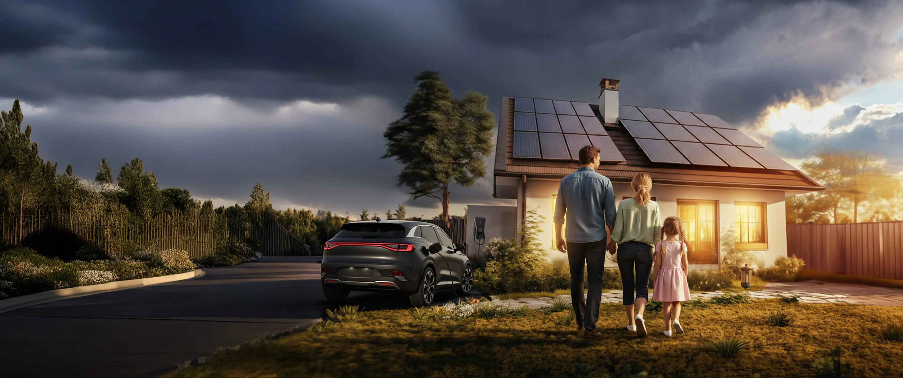 Familie läuft bei Sonnenuntergang zu einem Haus mit Solaranlage auf dem Dach