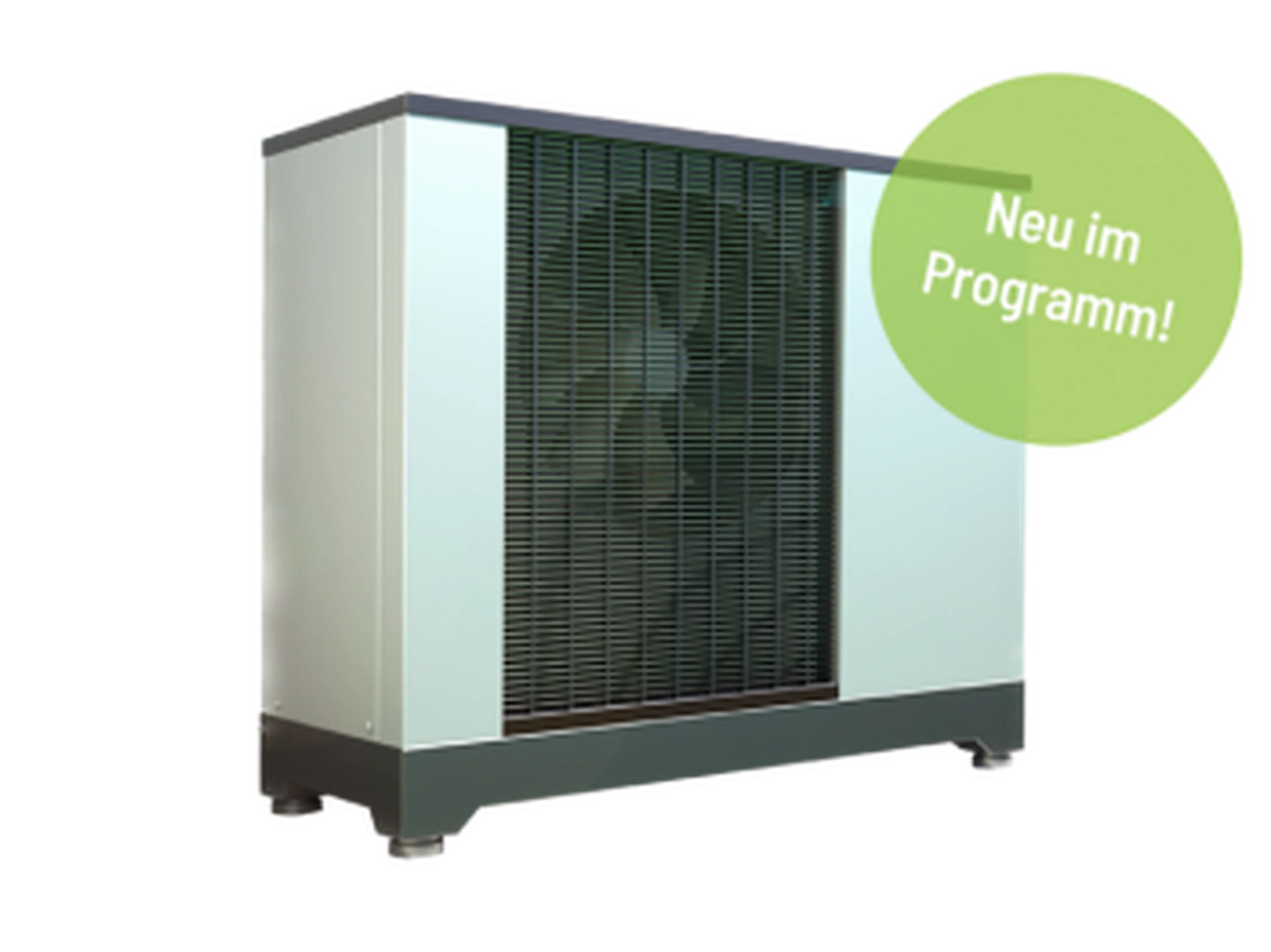 Großes, modernes Klimagerät mit einem grünen, kreisförmigen Etikett mit der Aufschrift "Neu im Programm!" in der rechten oberen Ecke.