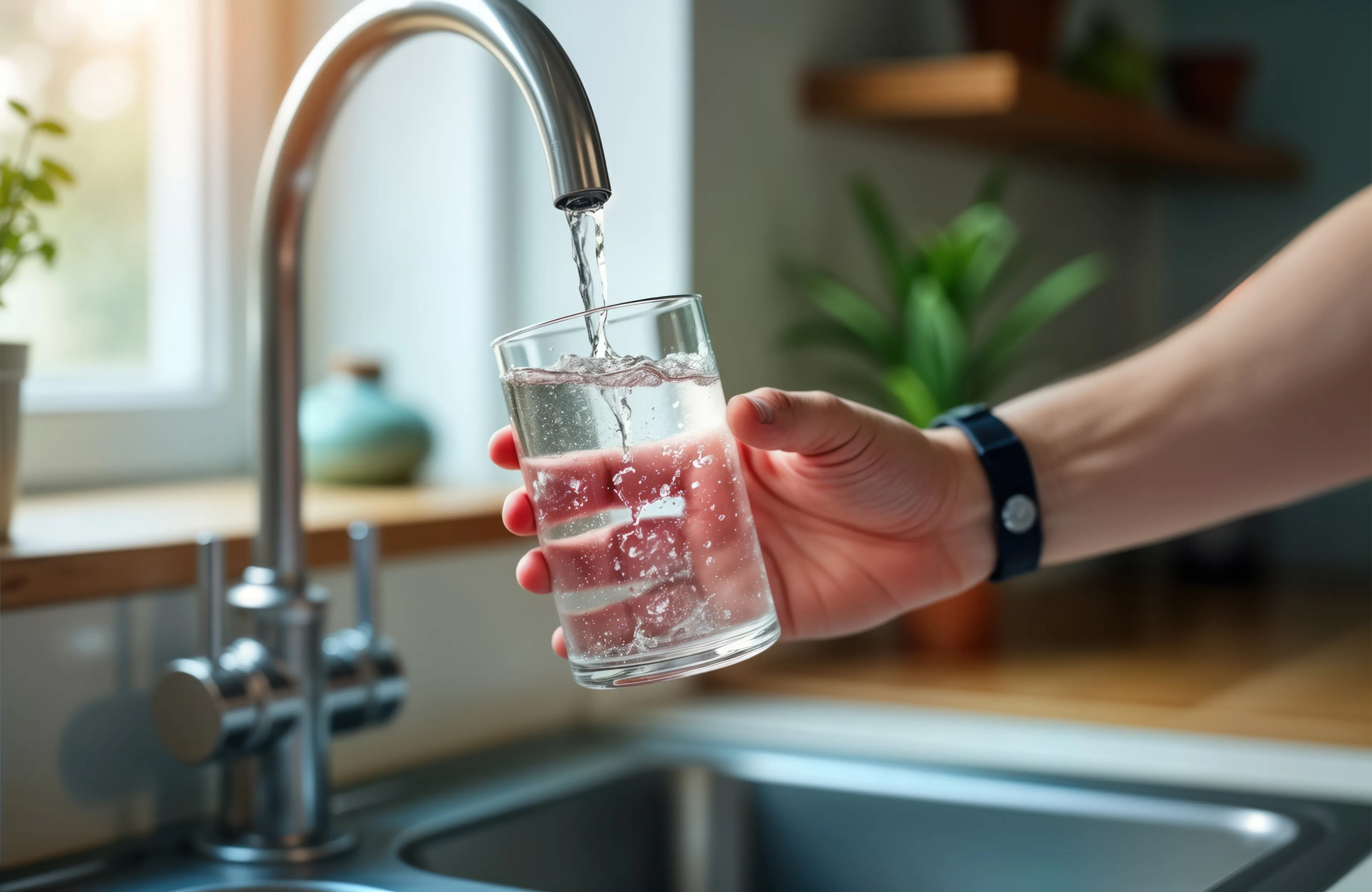Ein Glas wird mit frischem Trinkwasser aus dem Hahn gefüllt