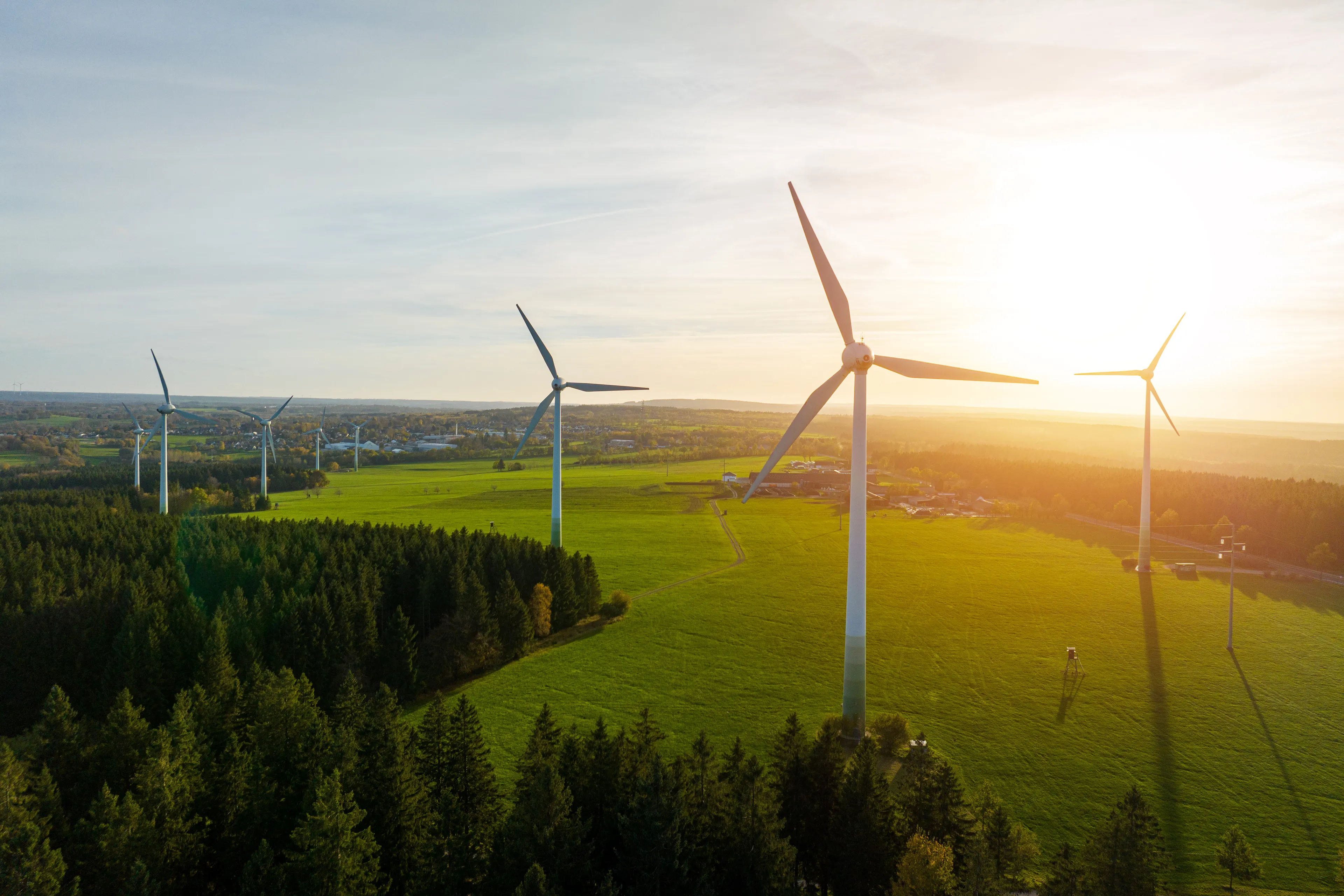 Windturbinen auf einer grünen Wiese in der Nähe eines Waldes, die Sonne geht am Horizont unter und wirft ein warmes Licht auf die Landschaft.