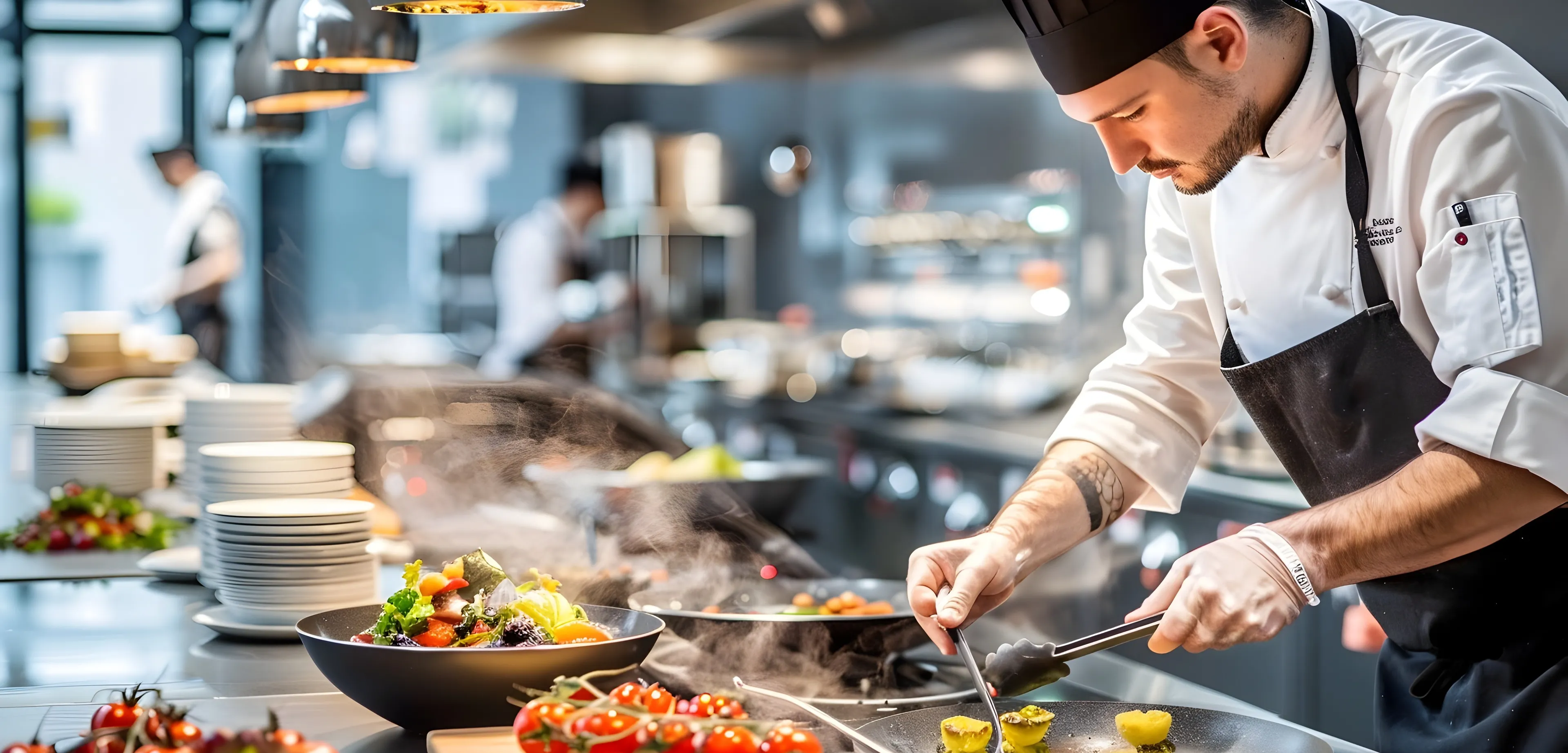 Koch richtet frisches Gemüsegericht in einer professionellen Restaurantküche an