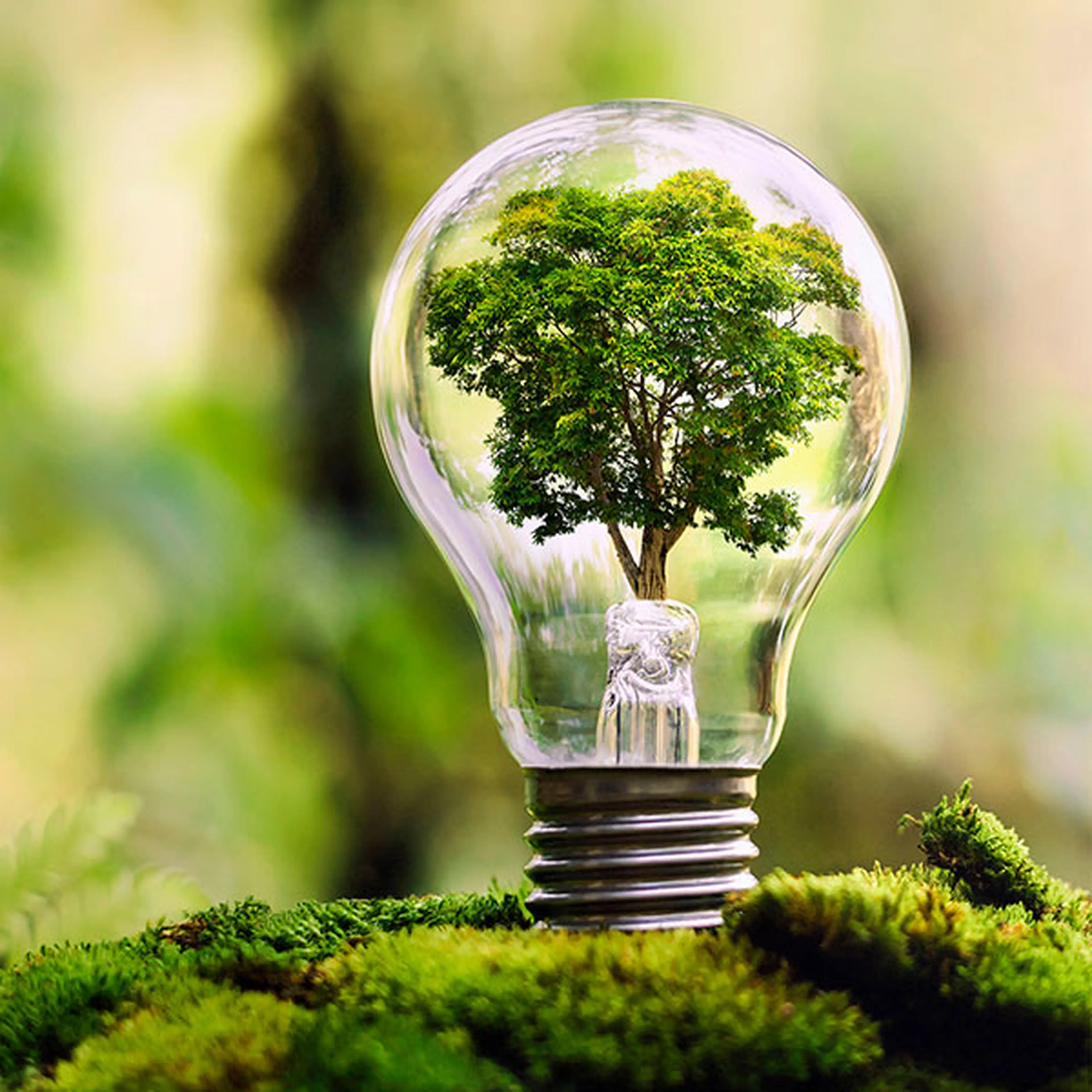 Eine Glühbirne mit einem Baum als Glühfaden - Symbol für das Energiewende-Ziel "Grüne Energie"