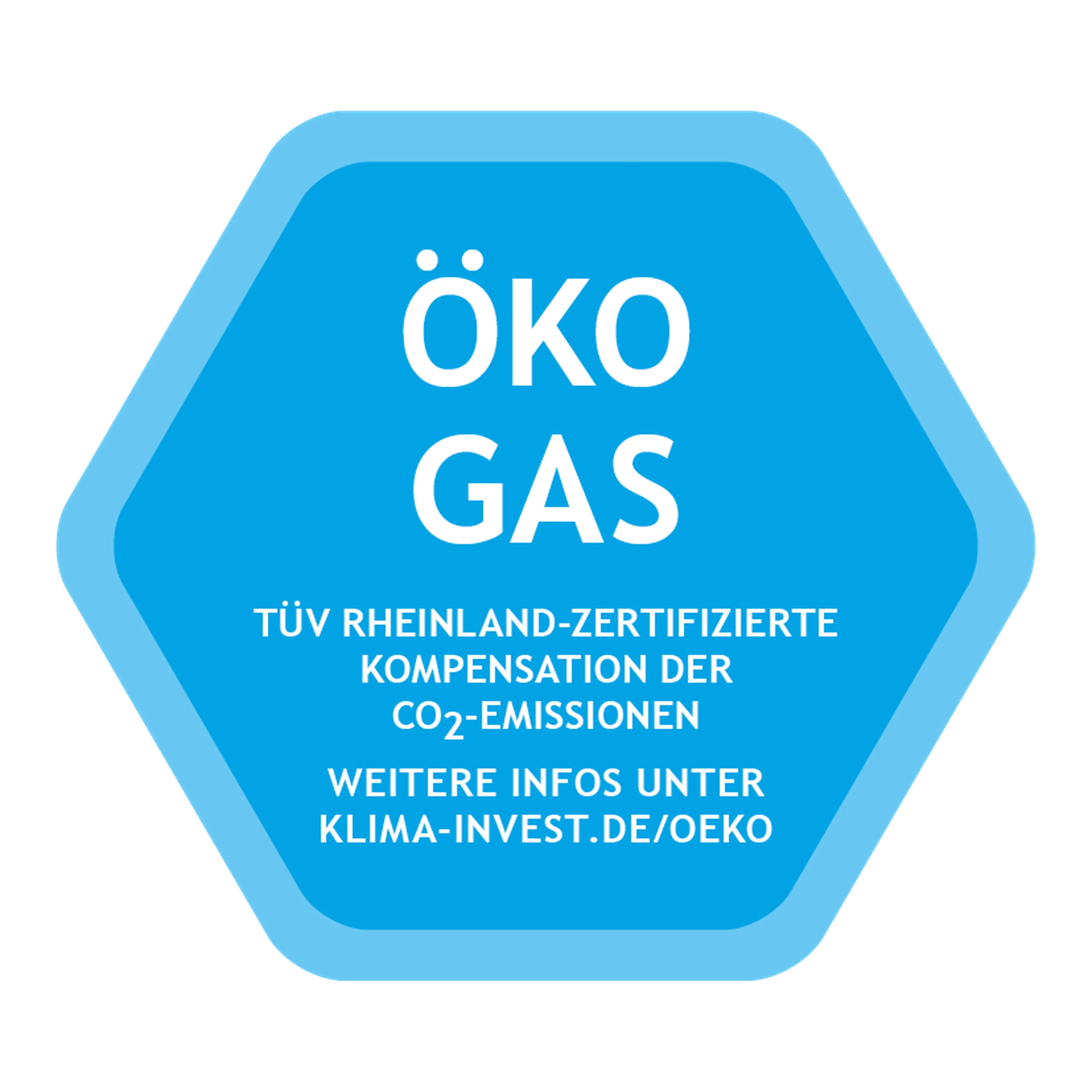 Siegel "ÖKO GAS, TÜV Rheinland-zertifizierte Kompensation der CO2-Emissionen. Mehr Infos unter klima-invest.de/oeko."